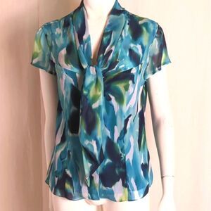 Jones New York Blouse Summer Chiffon Aqua Print  Size 12P